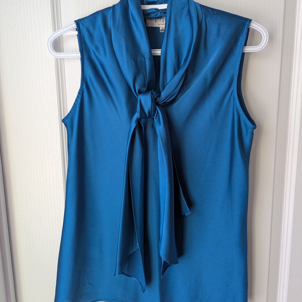 Kasper Women's Teal Sleeveless Blouse with Tie Neck